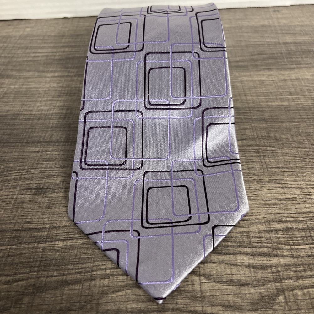 Geoffrey Beene Silk Extra Long 63x4 Tie Silver Purple Geometric Stain Resistant